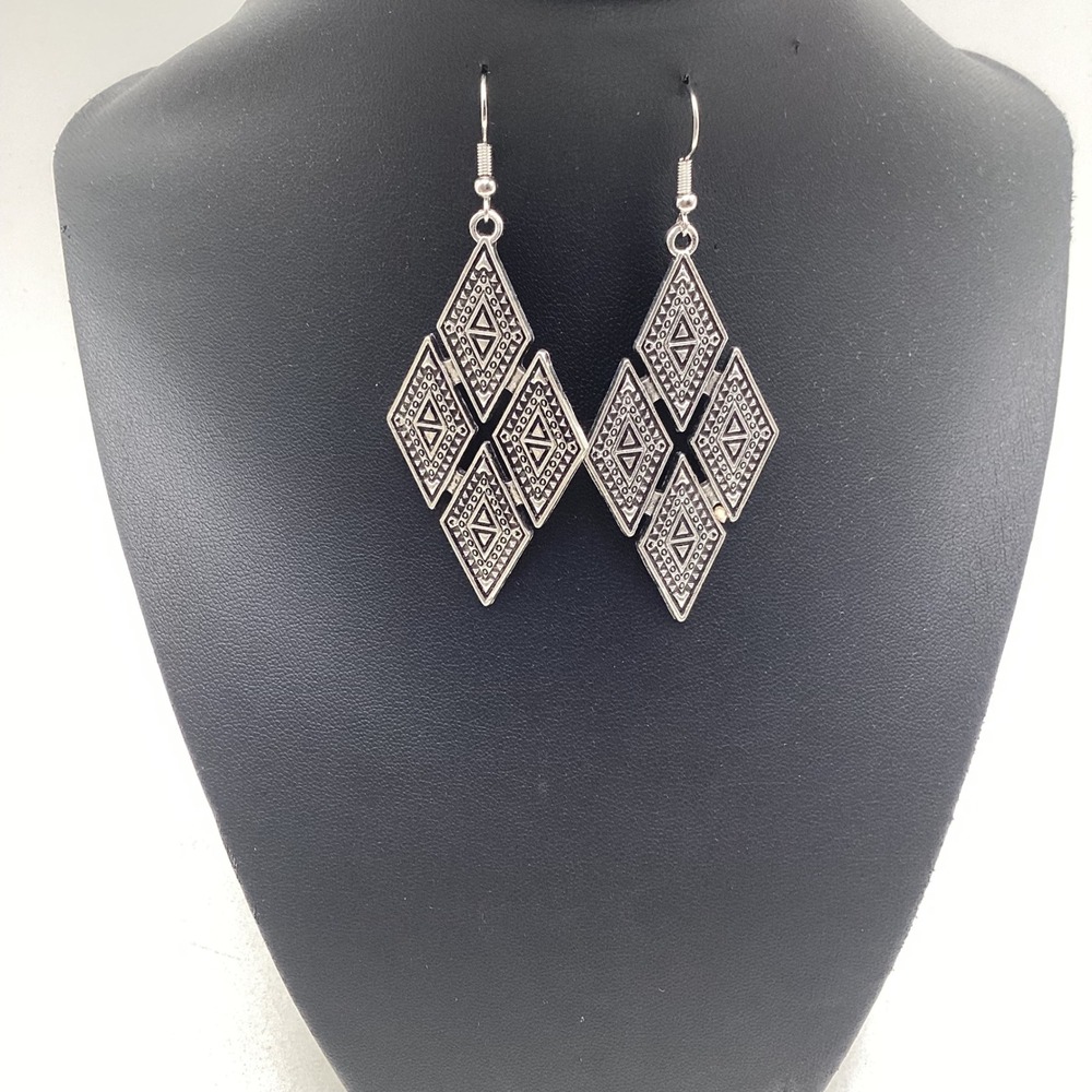 Silver Tone Geometric Diamond Drop Earrings Tribal Etched Boho Statement Jewelry